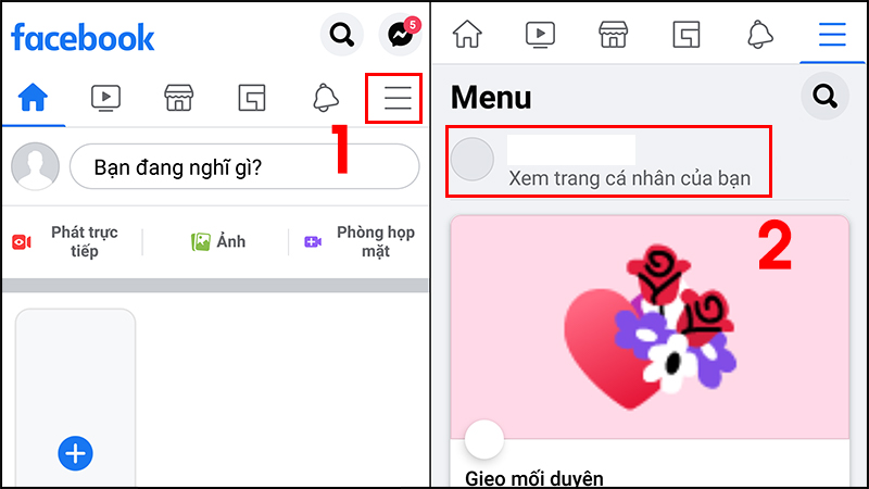 Bước 1: Tại màn hình chính Facebook, nhấn vào biểu tượng ở phía trên cùng bên phải  Nhấn vào tên của bạn.