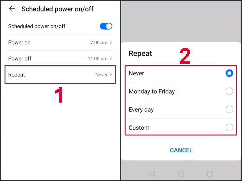 H&atilde;y chọn số lần lặp lại t&iacute;nh năng hẹn giờ bật/tắt m&aacute;y