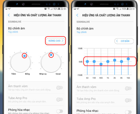 Bước 5: Bạn di chuyển hình tròn màu xanh để tùy chỉnh độ Trầm Bổng của âm và Nhạc cụ Vocal > Chọn Nâng cao để có thể tùy chỉnh chi tiết tần số âm thanh.