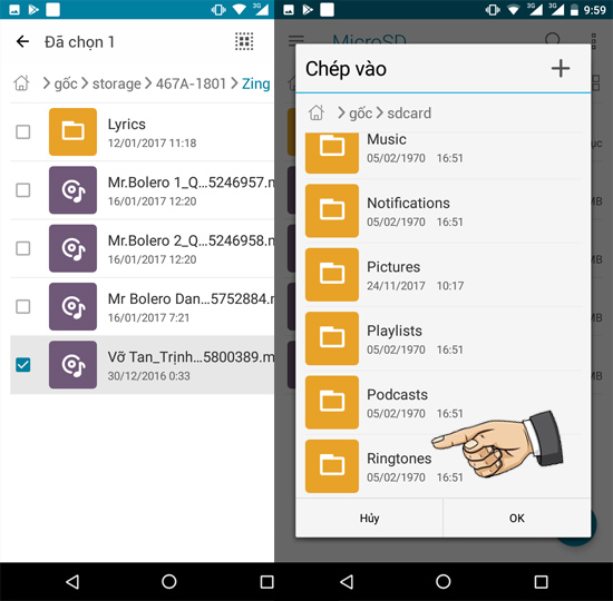 Chép bài hát đã tải về vào Ringtones