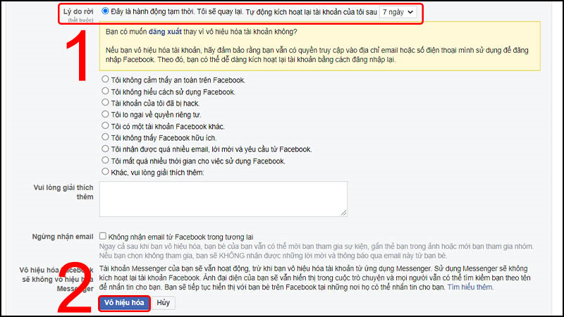 Chọn lý do vô hiệu hóa Facebook