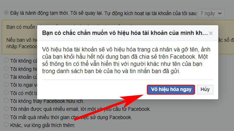 Xác nhận vô hiệu hóa tài khoản