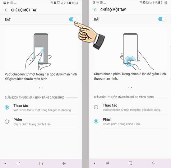 Bước 3: Bật t&iacute;nh năng thao t&aacute;c một tay.