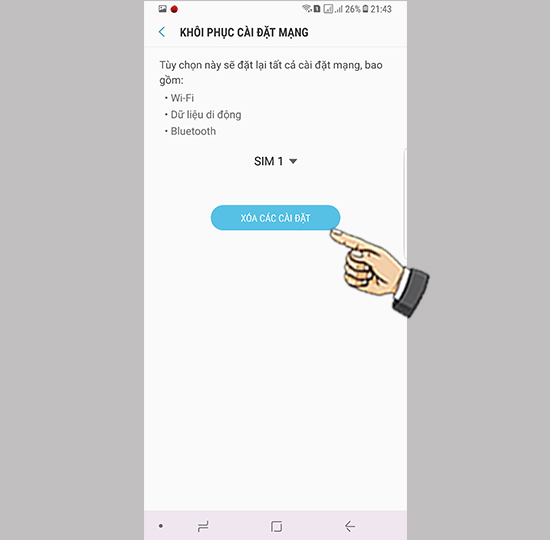 Chọn xóa các cài đặt.