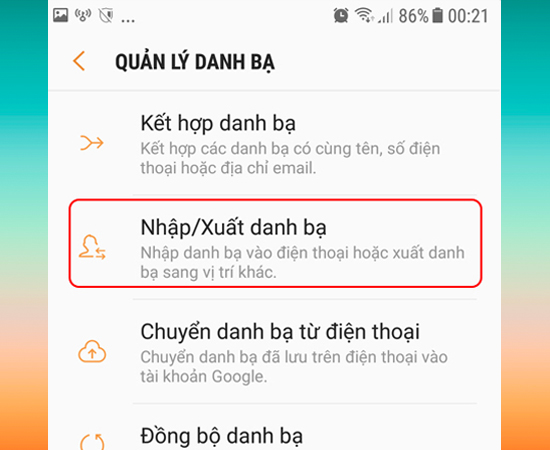 Chọn Nhập/Xuất danh bạ