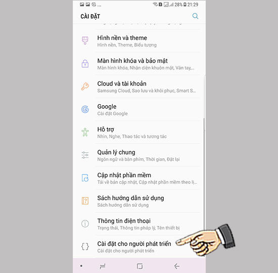 Bước 1: V&agrave;o c&agrave;i đặt chọn c&agrave;i đặt cho nh&agrave; ph&aacute;t triển.