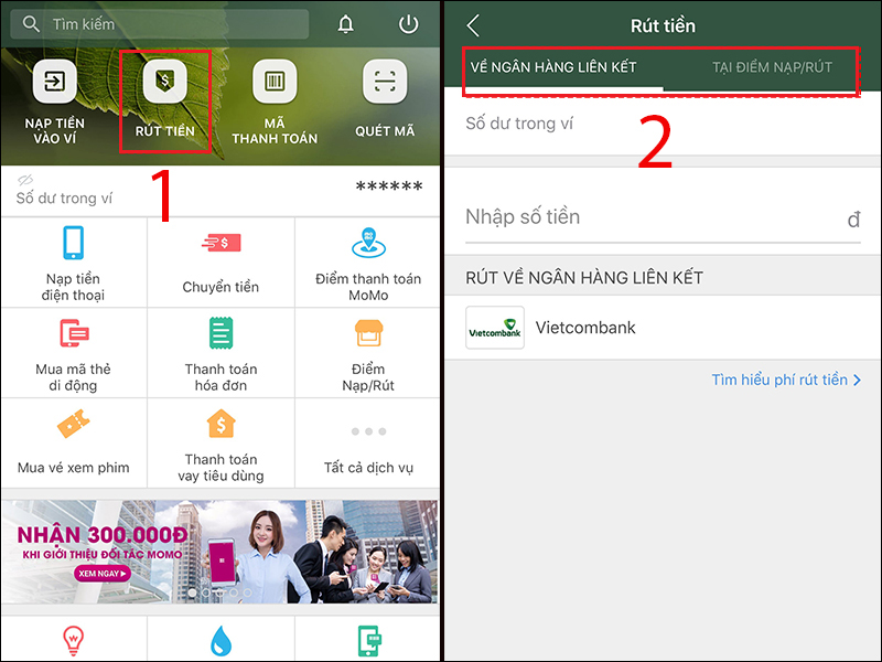 Chọn mục RÚT TIỀN và hình thức rút