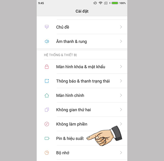 Vào cài đặt Pin