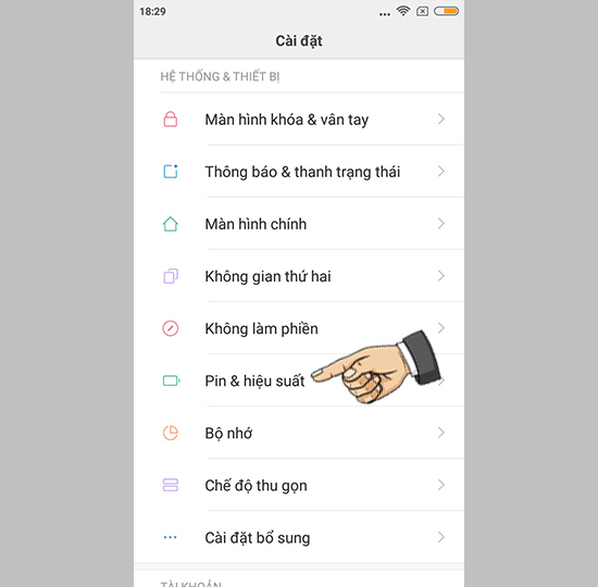 Vào cài đặt Pin