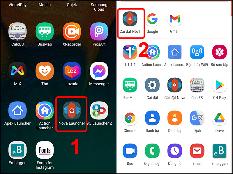 Mở ứng dụng Nova Launcher v&agrave; chọn C&agrave;i đặt Nova.