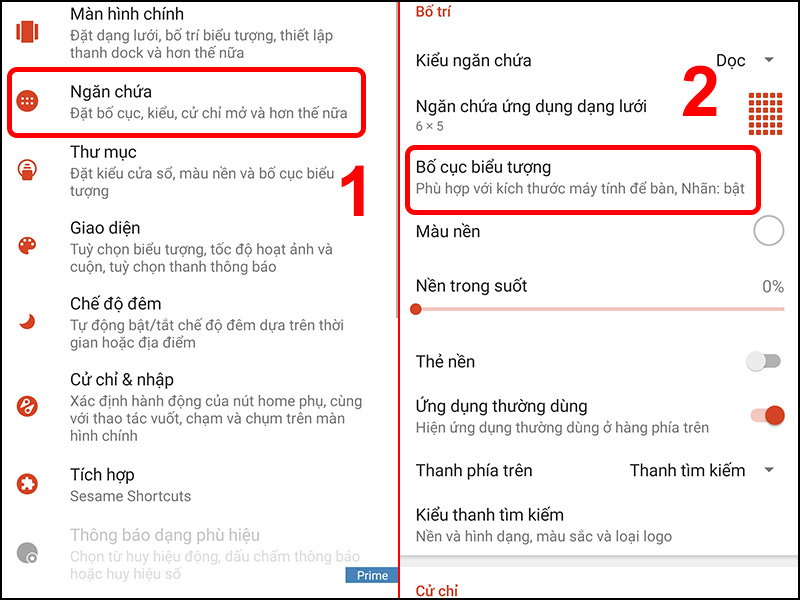 Nhấn v&agrave;o Ngăn chứa v&agrave; chọn Bố cục biểu tượng
