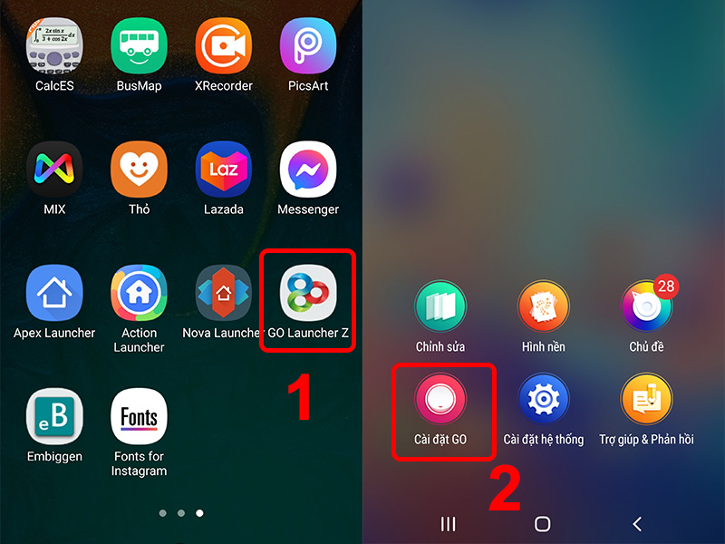 Nhấn v&agrave;o ứng dụng Go Launcher v&agrave; chọn C&agrave;i đặt GO