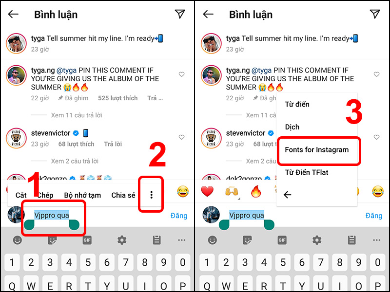B&ocirc;i đen d&ograve;ng comment nhấn v&agrave;o dấu Ba chấm v&agrave; chọn Cool Fonts for Instagram.