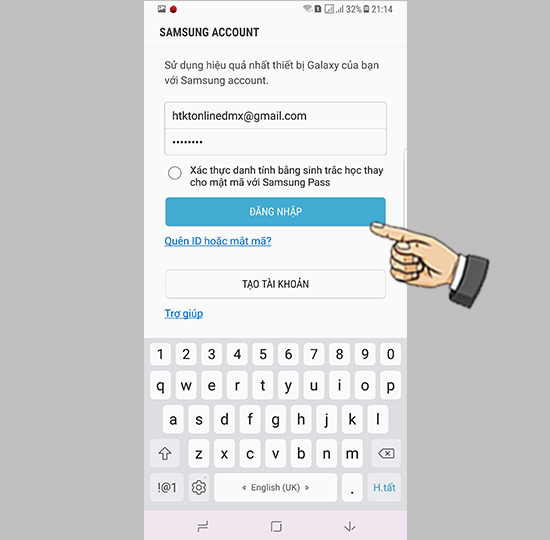 Bước 3: Chọn Đăng nhập và đăng nhập tài khoản Samsung Account(Tham khảo cách tạo tài khoản Samsung tại đây).