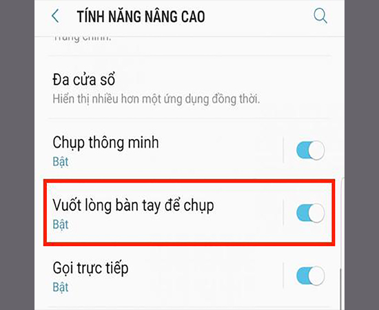 chọn vào Vuốt lòng bàn tay để chụp
