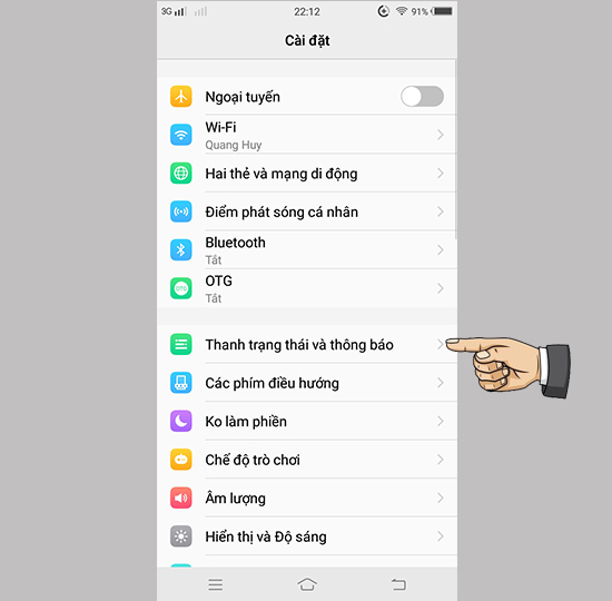 Bước 1: Vào cài đặt chọn thanh trạng thái và thông báo.