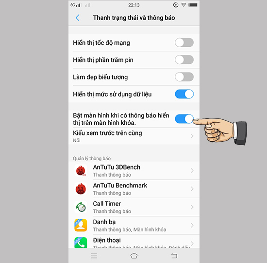 Bước 2: Chọn bật màn hình khi có thông báo hiển thị trên màn hình khóa.