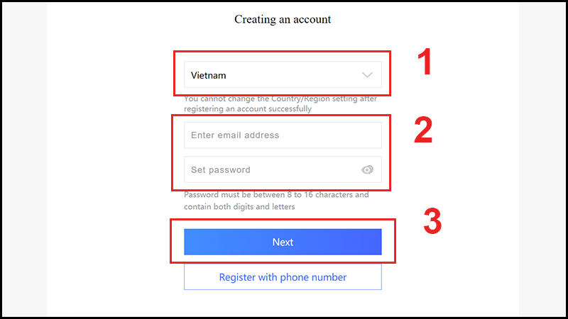 Nhập email và mật khẩu muốn đặt