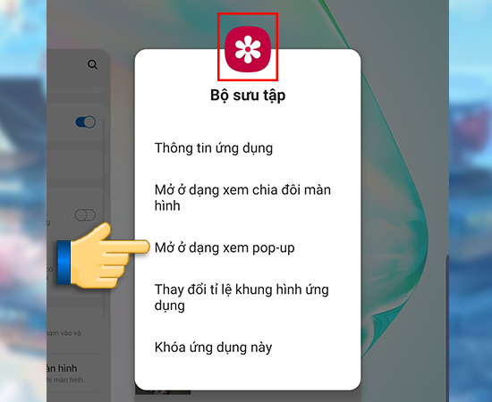 Bước 3: Khi xuất hiện màn hình đa nhiệm thì các bạn chọn vào biểu tượng của ứng dụng như hình dưới và chọn Mở ở dạng xem pop-up.