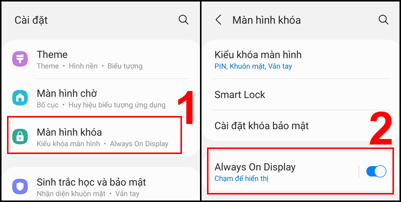 Thao tác bật Always On Display sau khi truy cập Màn hình khóa