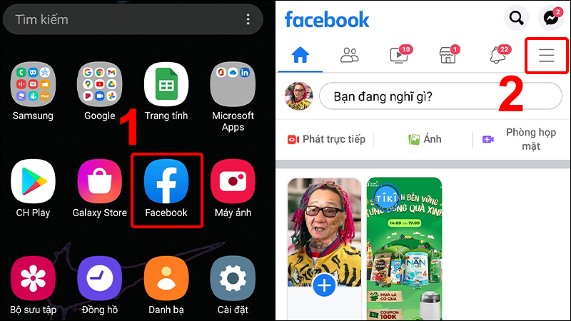 Vào Facebook và chọn biểu tượng 3 gạch ngang (Menu)