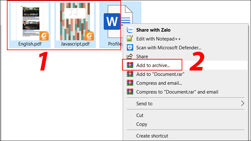 Nhấp chuột phải chọn Add to archive