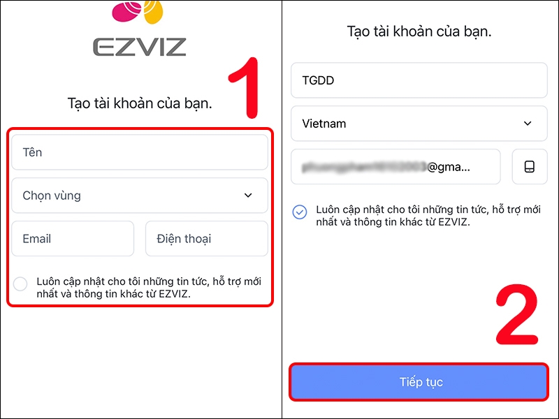 Điền thông tin để tạo tài khoản EZVIZ