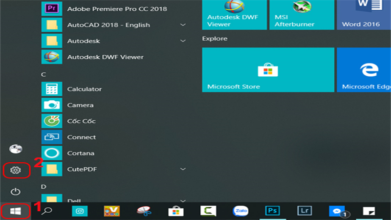 Bước 1: Bạn nhấn vào biểu tượng Window trên màn hình để mở Start Menu. Sau đó bạn tiếp tục chọn vào biểu tượng Settings (Cài đặt).