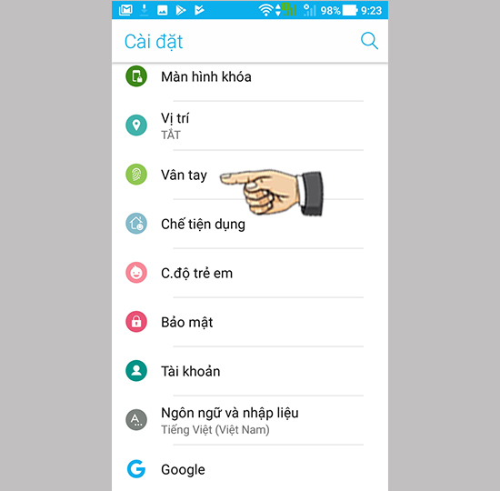 Vào cài đặt chọn vân tay.