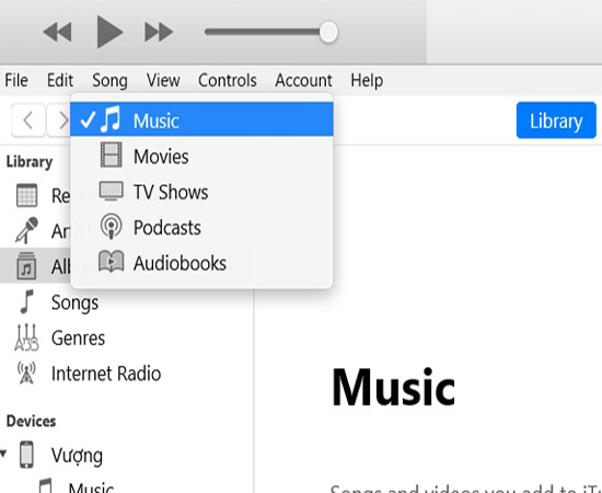 Bước 1: Mở iTunes và kết nối với iPhone, sau đó chọn vào phần Music