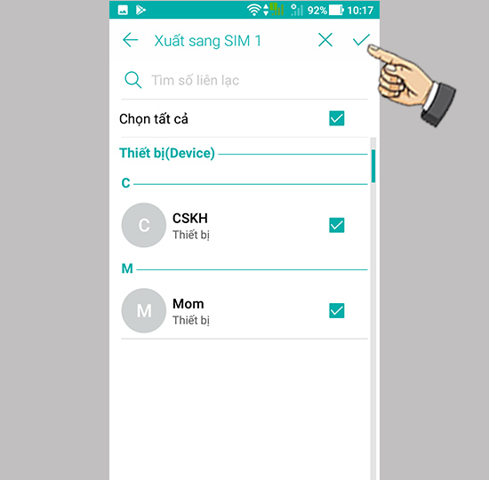 Bước 6: Chọn tất cả danh bạ và ok.