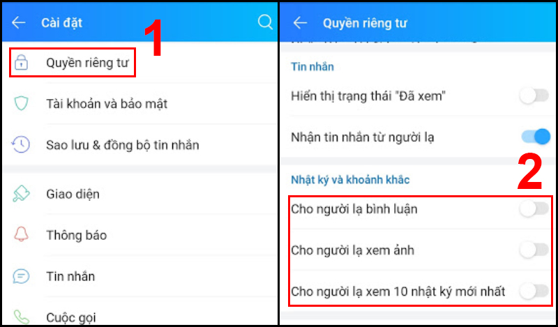 Mở Quyền riêng tư và tắt hết các mục trong Nhật ký và khoảnh khắc