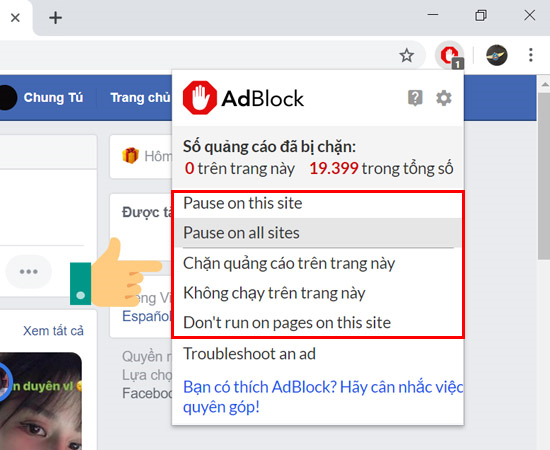Chỉ cần 1 nhấn chuột thì đã có thể cài đặt được rất dễ dàng, sau khi cài đặt xong bạn sẽ thấy hiển thị bàn tay đỏ trên thanh Website, nếu như bạn muốn dừng bạn chỉ cần chọn vào bàn tay đó và chọn các phần bên dưới như Pause on this site (Bỏ chặn quảng cáo tại web này) hoặc Pause on all site (Bỏ chặn quảng cáo tại tất cả website) là được nhé!