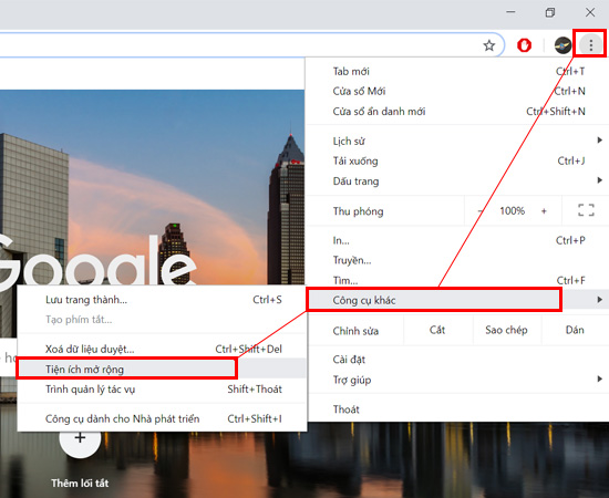 Bạn hãy để ý dấu 3 chấm phía trên cùng bên phải màn hình Website, chọn vào Công cụ khác -> Tiện ích mở rộng.