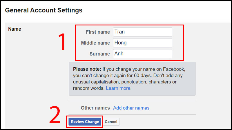 Thay đổi Họ và tên mà bạn mong muốn