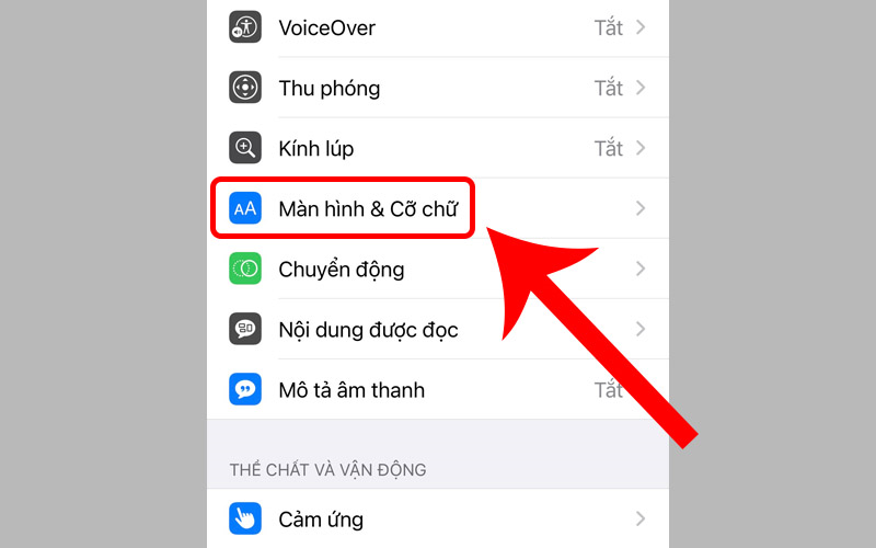 Chọn Màn hình & Cỡ chữ