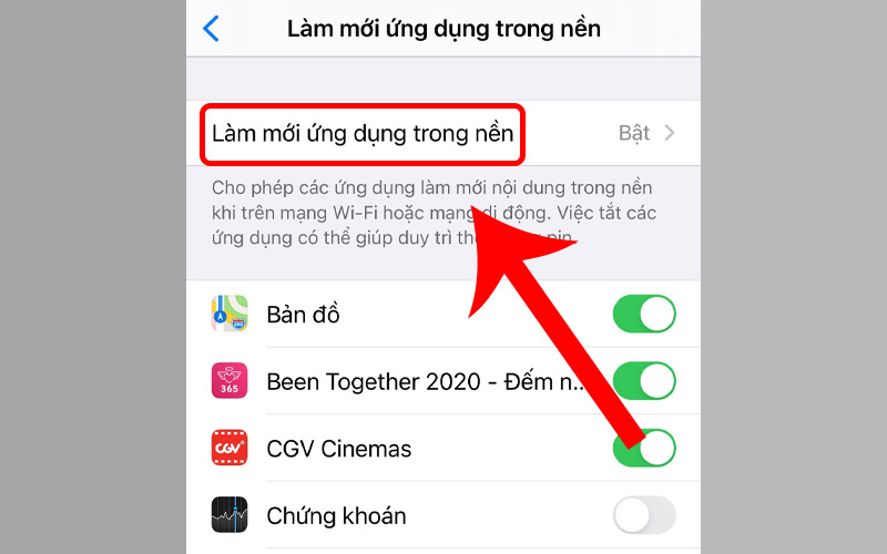 Tiếp tục chọn Làm mới ứng dụng trong nền