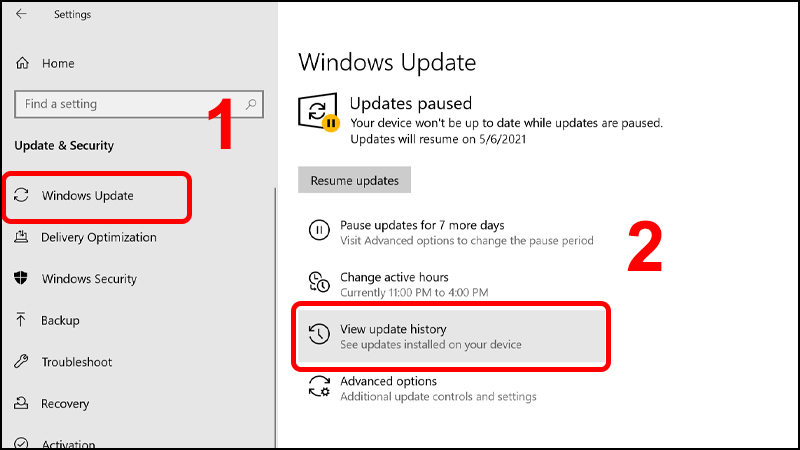 Tong tab Windows Update bạn chọn View update history