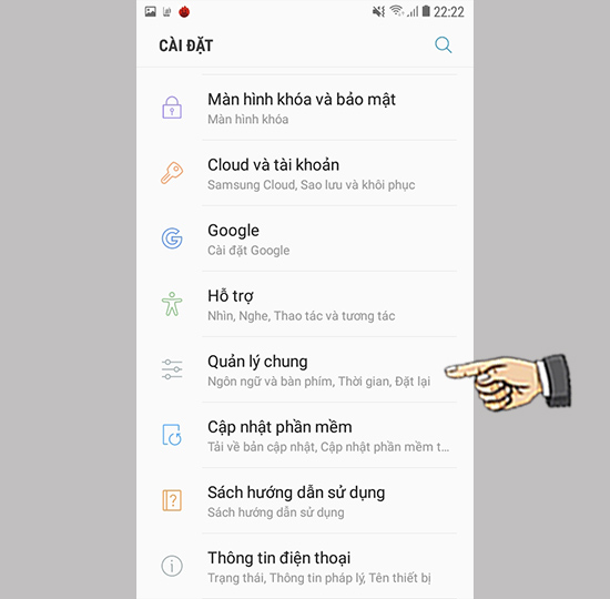 Vào cài đặt chọn quản lí chung.