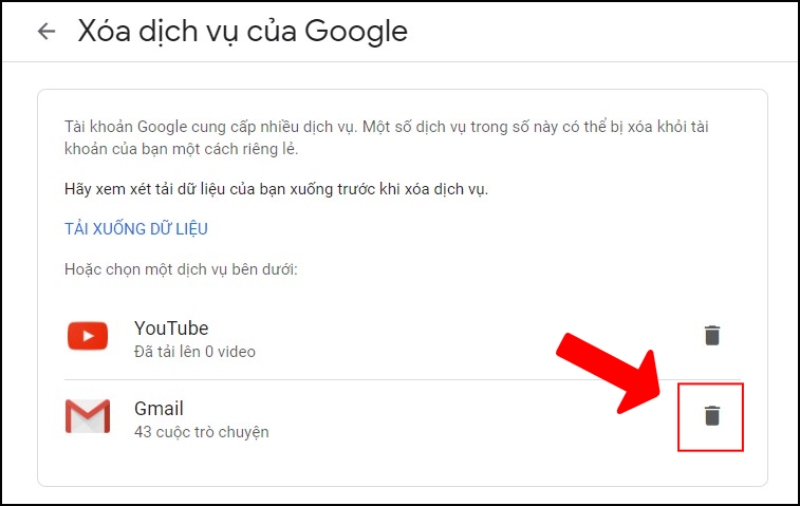 Chọn vào biểu tượng thùng rác bên cạnh Gmail để xóa