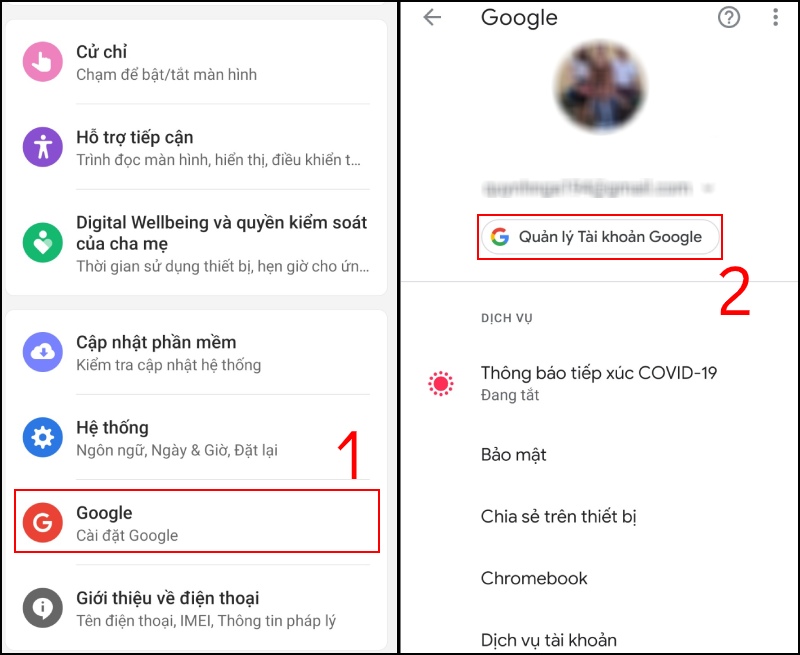 Vào Cài đặt, chọn Google và Quản lý Tài khoản Google