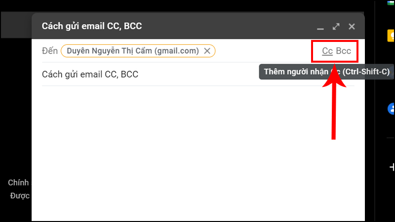 Chọn chế độ gửi Cc, Bcc bằng phím tắt hoặc click chọn trên khung soạn email