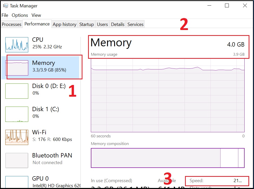 Memory để xem dung lượng tối đa ở ngang chữ Memory, phần BUS RAM được ghi ở Speed.