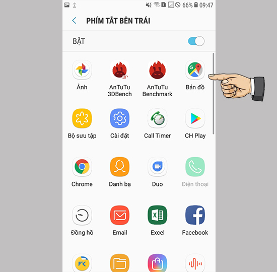 Phím tắt bên trái.