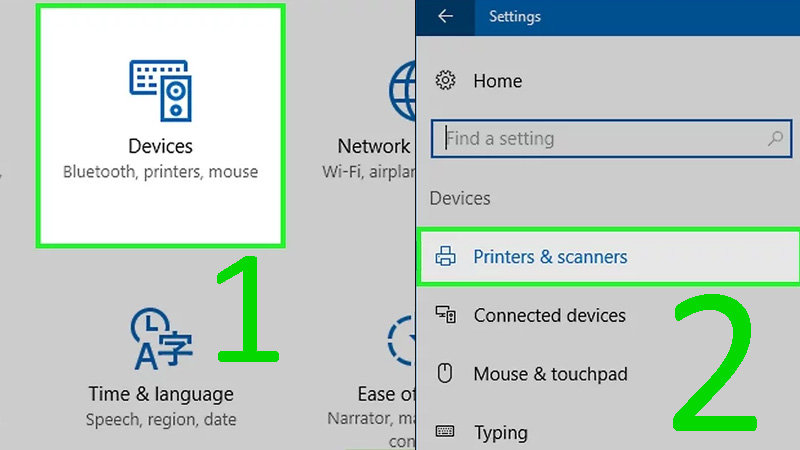 Nhấn vào Devices ở gần phía trên cửa sổ Settings > Nhấn vào Printers & scanners hoặc Bluetooth & other devices 