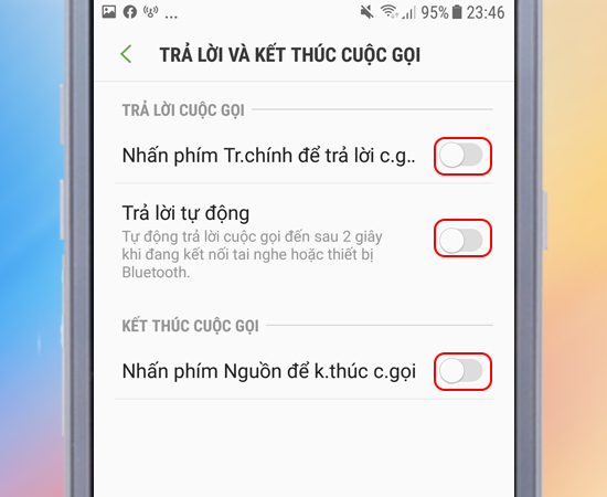 Bước 5: Cuối cùng bạn có thể bật  +Nhấn phím Tr.chính để trả lời cuộc gọi  +Trả lời tự động  +Nhấn phím Nguồn để k.thúc cuộc gọi.