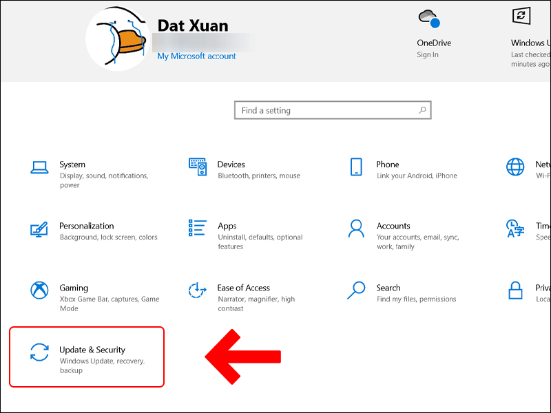 Vào mục Update & Security tại giao diện cài đặt Windows