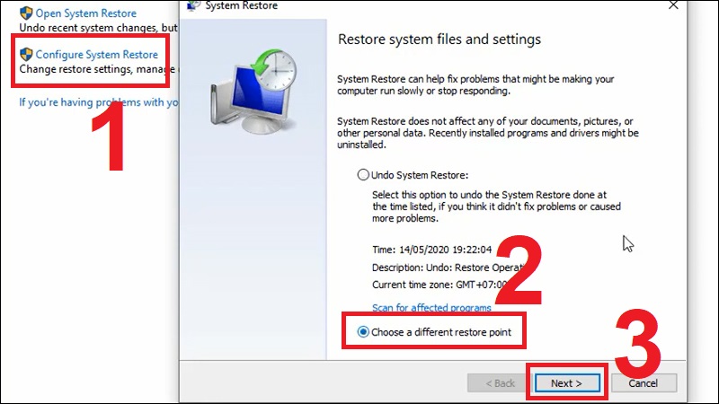 Chọn Configure System Restore v&agrave; chọn tiếp Choose a different restore point sau đ&oacute; nhấn Next.