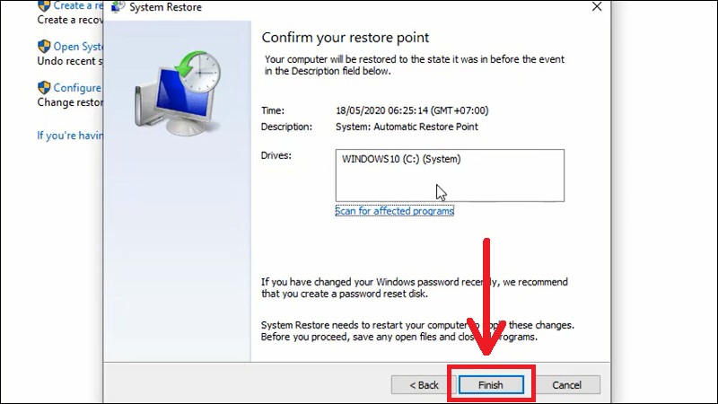 Nhấn Finish đế bắt đầu qu&aacute; tr&igrave;nh kh&ocirc;i phục