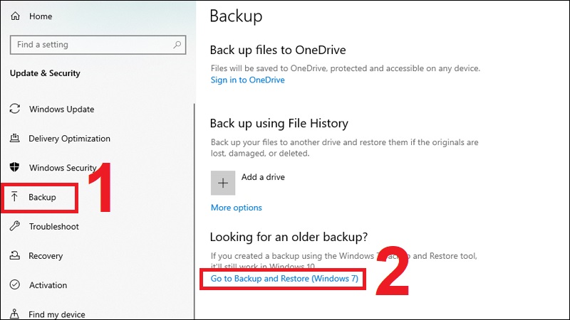 Chọn Backup sau đ&oacute; chọn Go to Backup and Restore